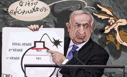 نقاشی مضحک نتانیاهو در سازمان ملل!/ کارتون: محمدعلی رجبی