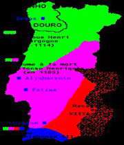 carte montrant les étapes de la conquête progressive des territoires musulmans du portugal actuel par l’armée catholique