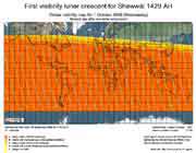وضعیت  رؤیت پذیری هلال ماه شوال 1429 در شامگاه 10 مهر ماه