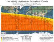 وضعیت  رؤیت پذیری هلال ماه شوال 1429 در شامگاه 9 مهر ماه