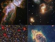 the combination of photos shows a butterfly-shaped galaxy (top l), galactic group members nearing clash (top r), a stars cluster in milky way (bottom l) and bursting of stars heralding birth of heavenly bodies.