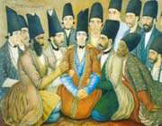 a painting by saniolmolk shows qajar king nasser al-din shah among courtiers.