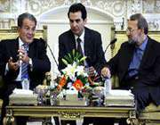 former italian premier romano prodi (l) and irans majlis speaker ali larijani meet in tehran on monday.