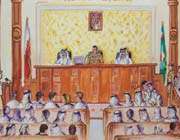 this image released by the state-run bahrain news agency shows a courtroom artist’s sketch of proceedings in a military court trial session on may 12, 2011.