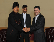 iranian president mahmoud ahmadinejad (r) and bolivian president evo morales