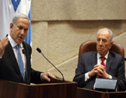 israeli prime minister benjamin netanyahu addresses the israeli parliament, as president shimon peres listens.