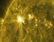 the solar storm is a big cloud of charged particles released from a pair of solar flares at about 7.2 million kilometers per hour.