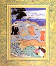 le conseil du maître, attribué à kamal-e-din behzad, moraqq’-e golshan, xvie siècle