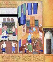 ma’moun dans le hammam, khamseh de nezami, behzad, herat, xve siècle