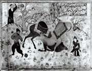 combat de deux chameaux, œuvre de nanhã, copiée en inde moghole, 1608, bibliothèque du palais du golestân à téhéran, moragha-e golshan