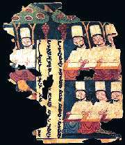 prêtres manichéens en train d’écrire à leur bureau, manuscrit de khocho, tarim basin, extrait d’un ouvrage manichéen, viiie-ixe siècle, asie centrale