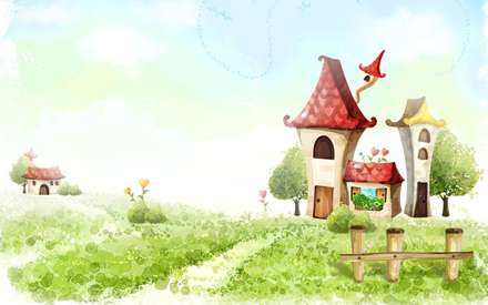 نقاشي ديجيتالي از خانه هاي زيبا کنار دشتي سبز وگلهايي به شکل قلب