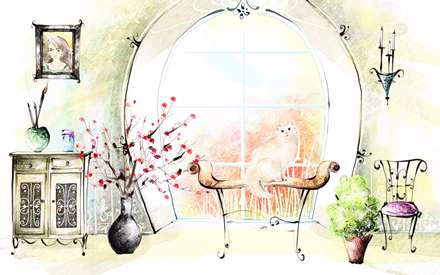 نقاشي ديجيتالي از يک گربه روي ميز کنار پنجره خانه