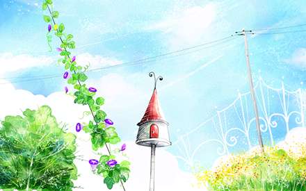 نقاشي ديجيتالي از لانه بلند يک پرنده کنار شاخه گل