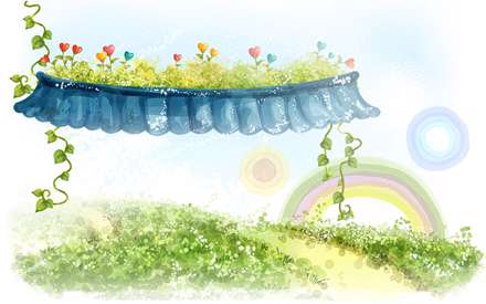 نقاشي ديجيتالي ازسبدي پر گل با گلهايي به شکل قلب در دشتي سبز