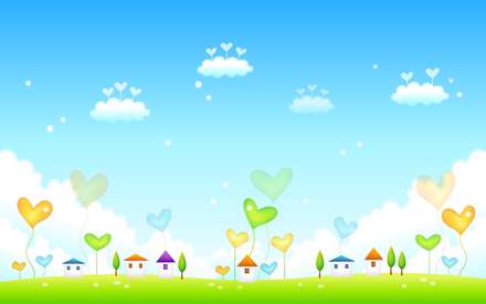 نقاشي ديجيتالي از منظره يک دشت سبز همراه با خانه ها و قلبهاي رنگي