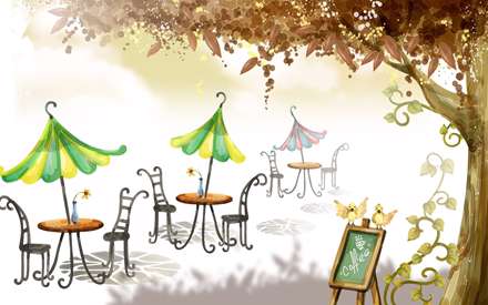 نقاشي ديجيتالي از ميزهاي غذا کنار جنگل