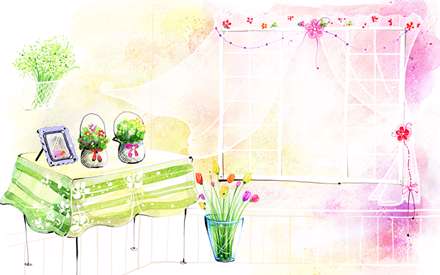 نقاشي ديجيتالي از دو گلدان با گلهاي زيبا روي ميز و کنار پنجره خانه