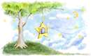 نقاشي ديجيتالي از ستاره اي آويزان شده از يک درخت سبز