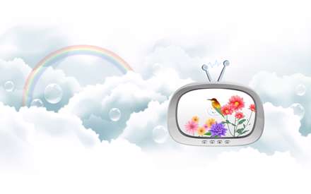 نقاشي ديجيتالي از پرنده اي روي گل داخل تلويزيون همراه با ابر و رنگين کمان
