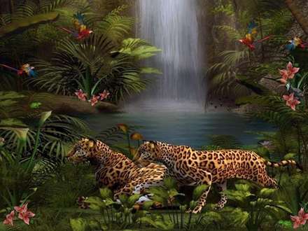 نقاشي دو پلنگ کنار آبشاري در جنگل