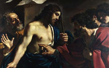 نقاشي چند مرد کنار حضرت مسيح عليه السلام که يکي از آنها دست روي زخم ايشان گذاشته است از آثار موجود در گالري ملي لندن