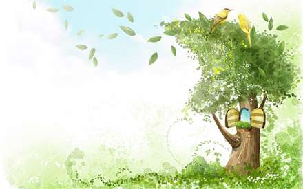 نقاشي ديجيتالي از دو پرنده زيبا روي درختي سبز