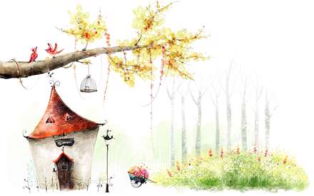 نقاشي ديجيتالي از خانه اي کنار جنگل و گلهاي زيبا