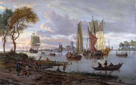 نقاشي ساحل يک دريا همراه با کشتيها و قايقها از آثار موجود در گالري ملي لندن