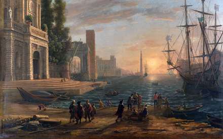 نقاشي شهري بروي آب همراه با کشتي و قايقها از آثار موجود در گالري ملي لندن