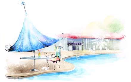 نقاشي ديجيتالي از يک ميز و صندلي کنار استخر