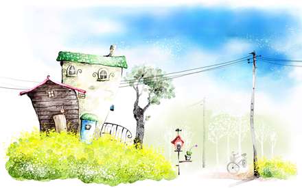 نقاشي ديجيتالي از منظره يک کلبه با فضاي سبز