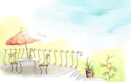 نقاشي ديجيتالي از يک ميز و صندلي همراه با گلدان