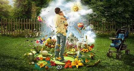 نقاشی دیجیتالی مردی با فرزندش در باغ