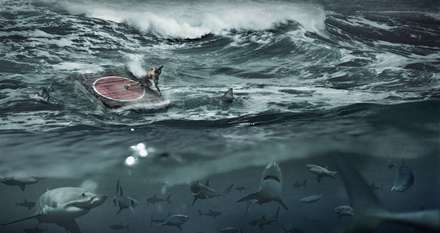 نقاشی دیجیتالی کشتی روی دریایی پر از کوسه