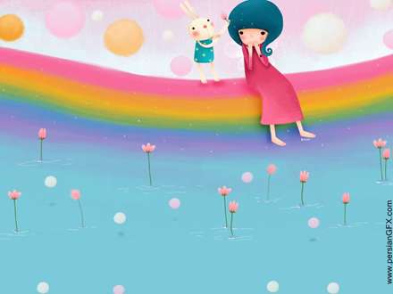 نقاشي ديجيتالي فانتزي كودكانه دختري با خرگوشش روي رنگين كمان