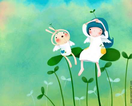 نقاشي ديجيتالي فانتزي كودكانه دختر بچه اي با خرگوشش روي برگها