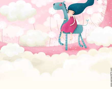 نقاشي ديجيتالي فانتزي كودكانه دختري روي اسب ميان ابرها