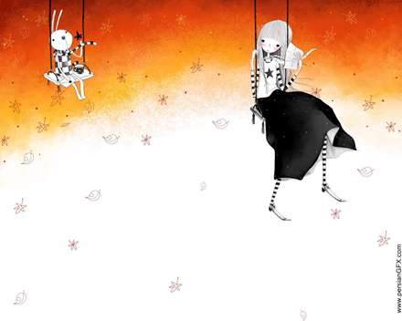 نقاشي ديجيتالي فانتزي كودكانه دختري با خرگوشش روي تاب