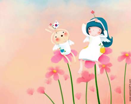 نقاشي ديجيتالي فانتزي كودكانه دختر بچه اي با خرگوشش روي برگها