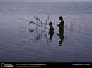 يك مرد به همراه پسرش در بركه در حال ماهي گيري