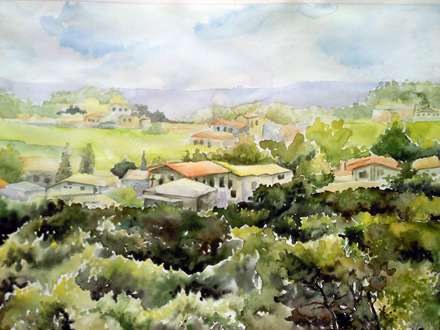 تابلو آبرنگ خانه ها در بیشه و درختان