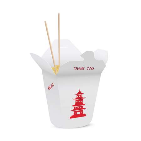 Chinese restaurant opened take out box filled with noodles