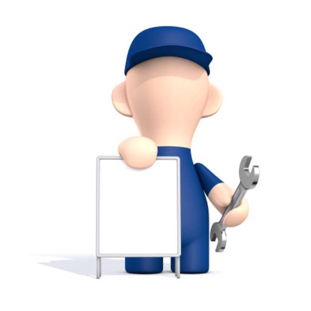Freundlicher Handwerker mit Kundenstopper