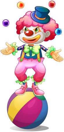 A clown juggling above the ball