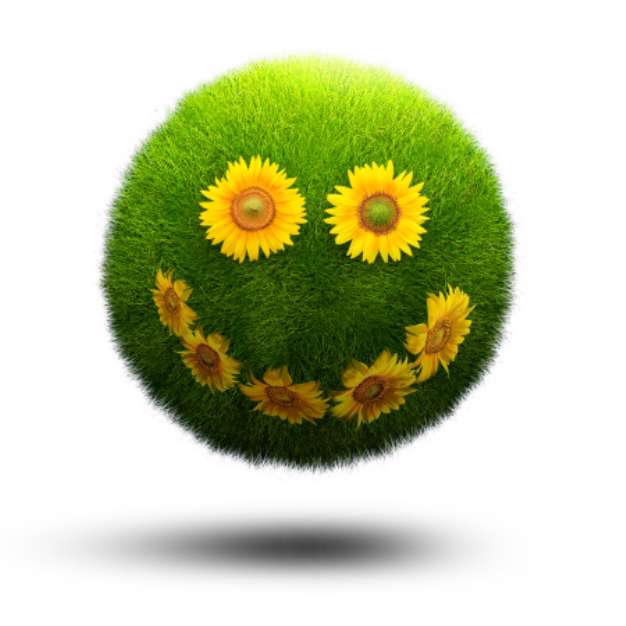 Grass planet smiling with sunflowers growing on it