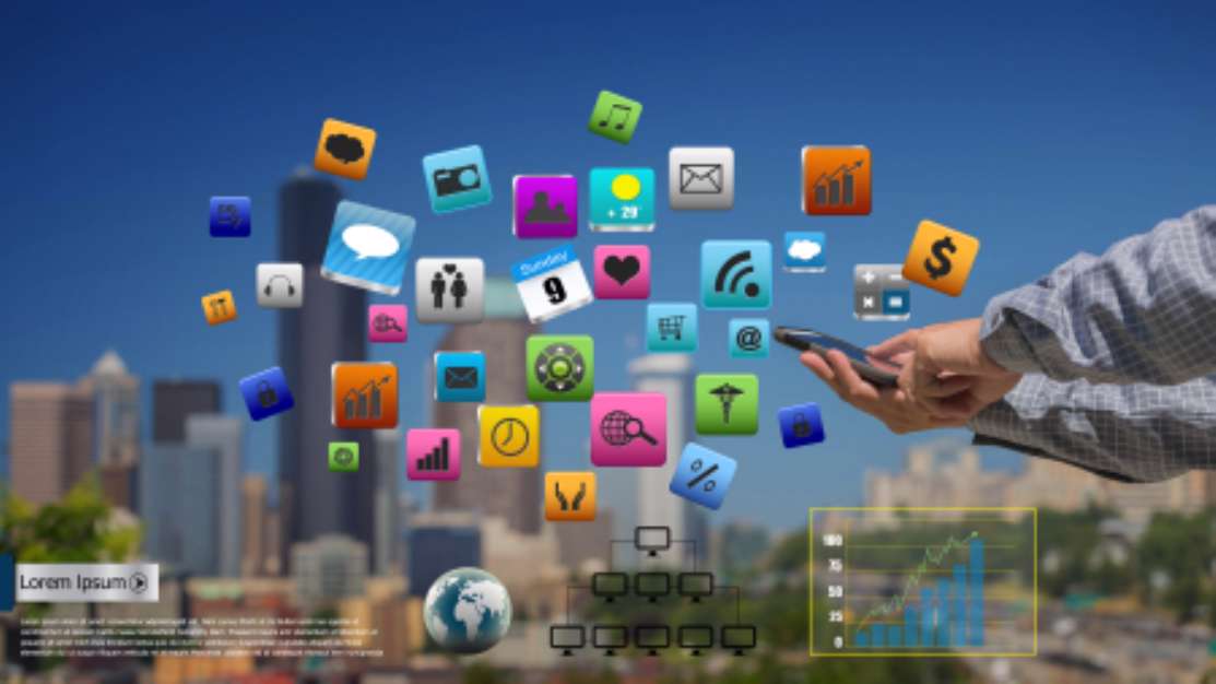 Business man use mobile phone with colorful application icons