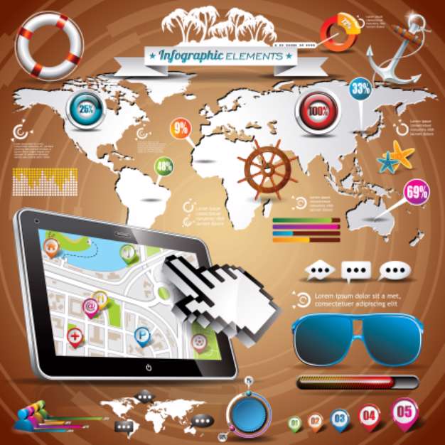 Vector summer travel infographic set with world map.