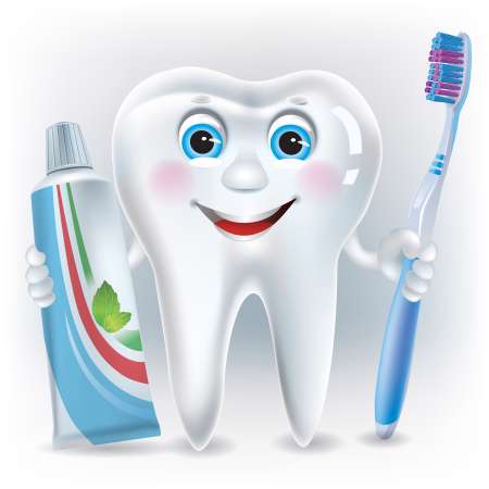 Funny tooth with toothpaste and toothbrush