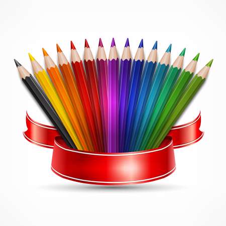 Pencils in the shape of fan with ribbon on white, vector